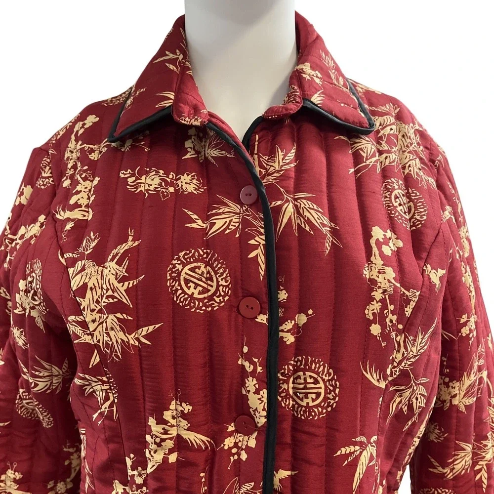 Carole Little Jacket Blazer Red Asian Floral Madarin Print Silk Quilted Size M